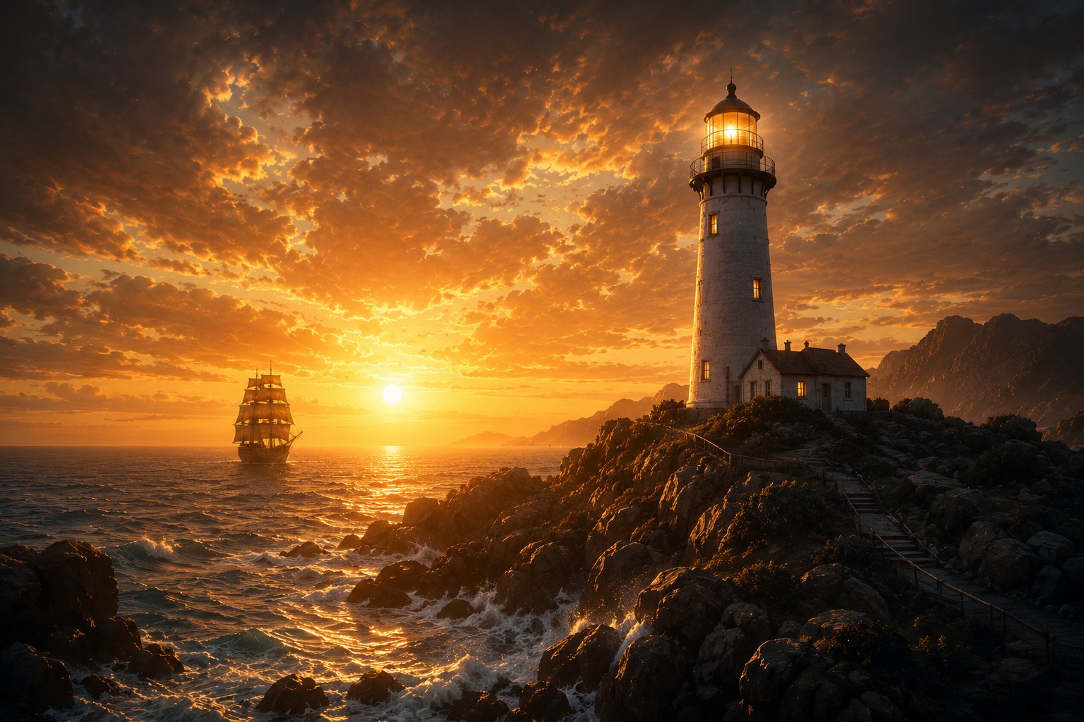 Lighthouse standing over a dark coastline at dusk