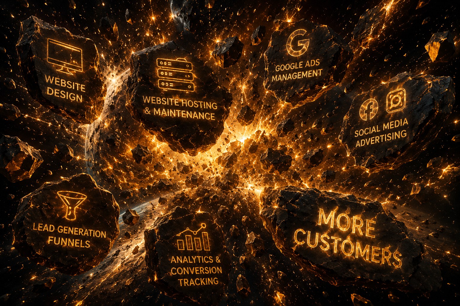 Golden exploding rock fragments revealing business growth services